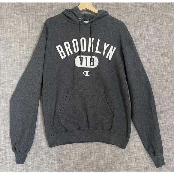 Champion Sweatshirt Medium Gray Brooklyn Hoodie White 718 Eco Authentic Vintage - Picture 1 of 10